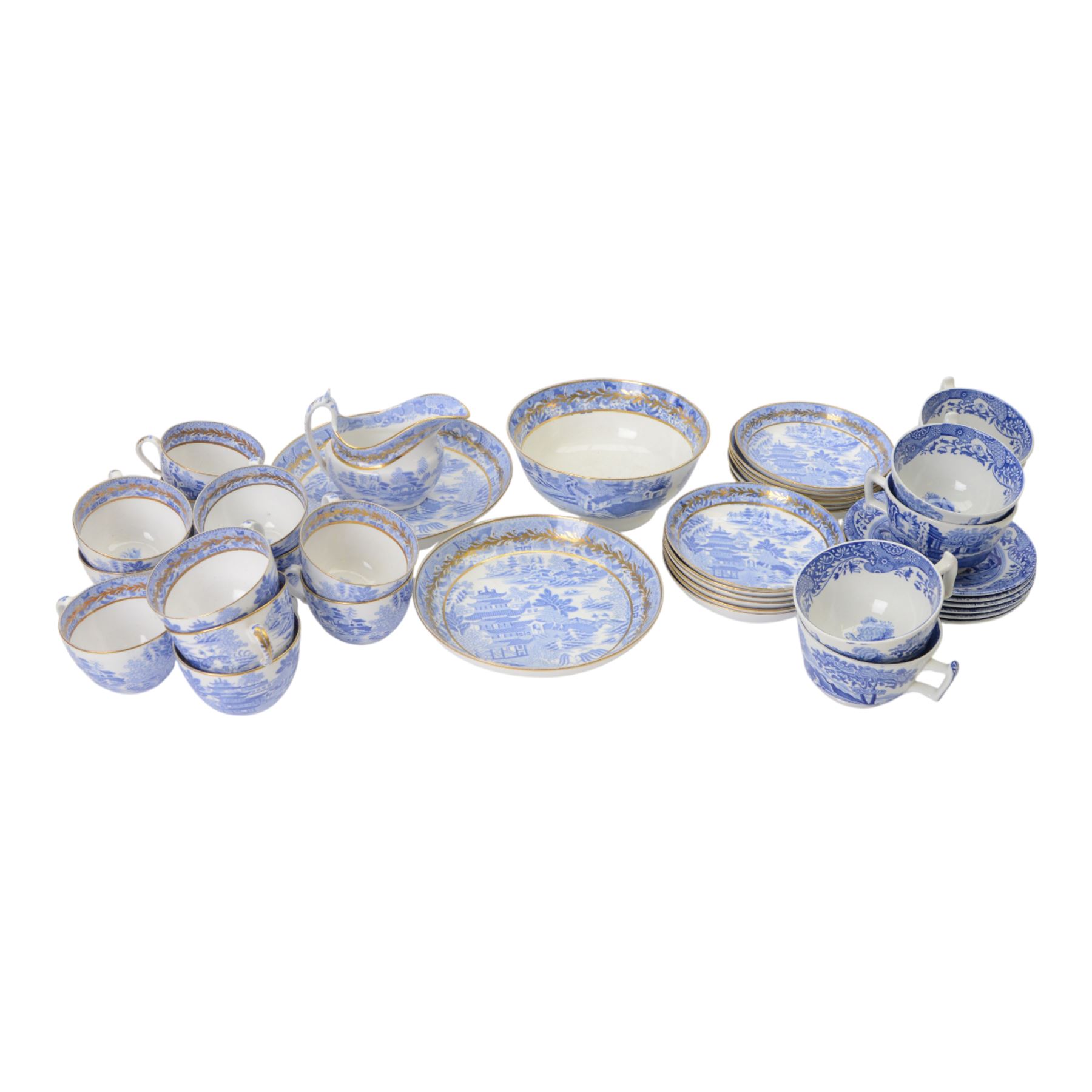 Spode tea service in Temple pattern, comprising twelve cups and saucers, open sucrier, milk jug, two side plates, together with Spode Italian pattern, six cups and saucers