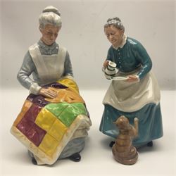Four Royal Doulton figures, comprising The Master HN2325, Old Mother Hubbard HN2314, The Favorite HN1959 and Eventide HN2814, all with printed marks beneath 
