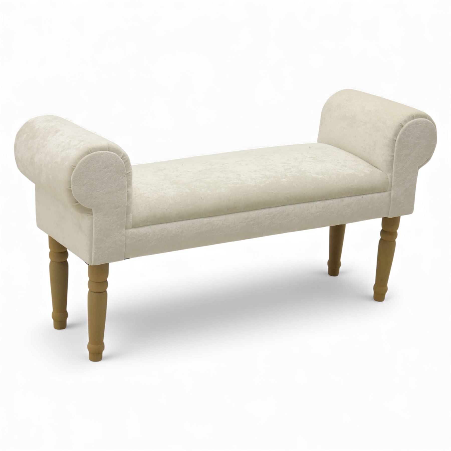 Contemporary upholstered window seat, rectangular padded seat with shallow scroll ends, upholstered in light cream fabric, raised on four turned wooden supports