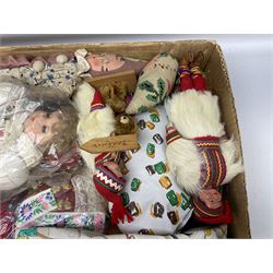 Six 1960s/70s Czechoslovakian composition/celluloid head national costume dolls; two Dutch costume dolls in 1960s vinyl bags; Pierrot type doll with spare head; and three other soft toys