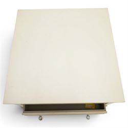 Laura Ashley - white coffee table, of square form, open recess above two drawers with glass knobs