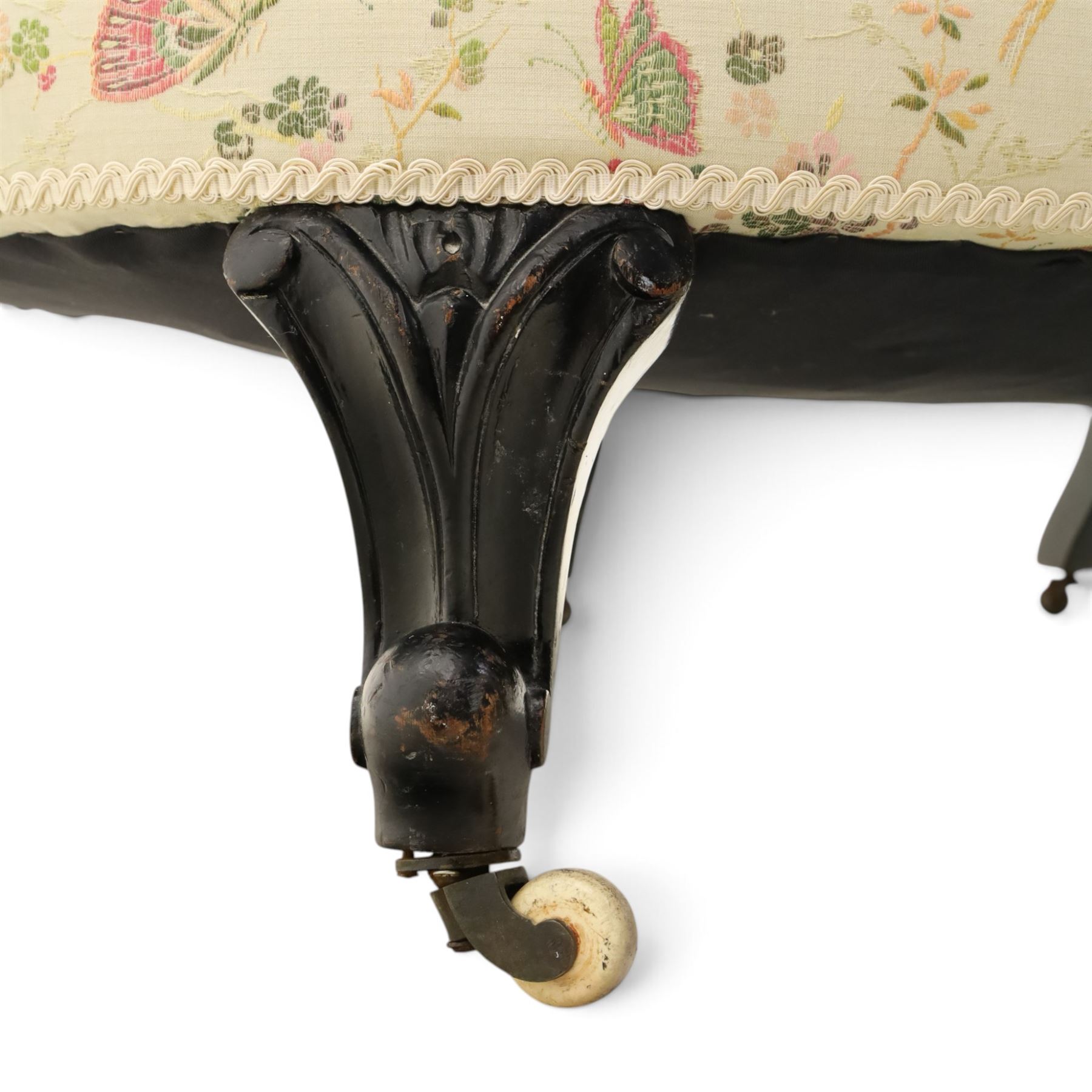 Victorian mahogany frame parlour settee, in back-buttoned floral and butterfly patterned fabric