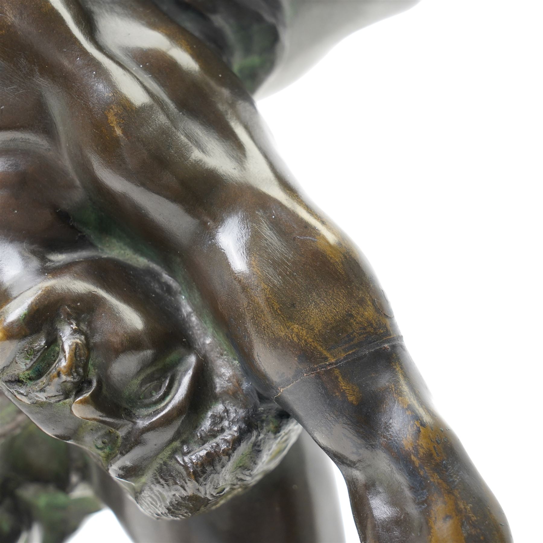 After Jef Lambeaux (Belgian 1852-1908): 'The Wrestlers' (Les Lutteurs), early 20th-century bronze group depicting two Hellenic classically nude male figures engaged in a violent athletic struggle or pankration event, on a naturalistic base signed, H63cm
Notes: the composition may plausibly be interpreted as Hercules and Antaeus, the mythological combat in which Hercules overcomes Antaeus by lifting him from the earth, thereby depriving him of his strength
