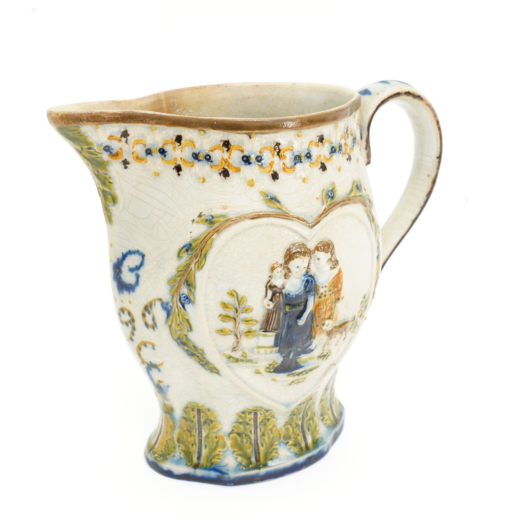 Prattware jug bearing initials JB and dated 1796, moulded with 'Mischievous Sport' and 'Sportive Innocence' pattern, painted in typical colours, H15cm