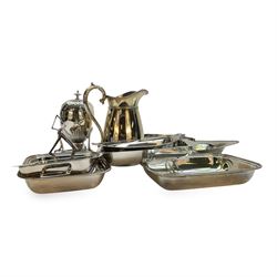 Modern silver plated Barker Ellis pitcher, with oblique gadrooned rim and acanthus capped C scroll handle, an egg coddler with part fluted body and urn finial and other silver plated items including toast rack, two serving dishes, etc, coddler H23.5cm