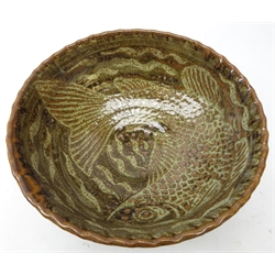  Alan Ward ribbed bowl with fish design, Matlock, Whatstandwell c1988, D25.5cm   