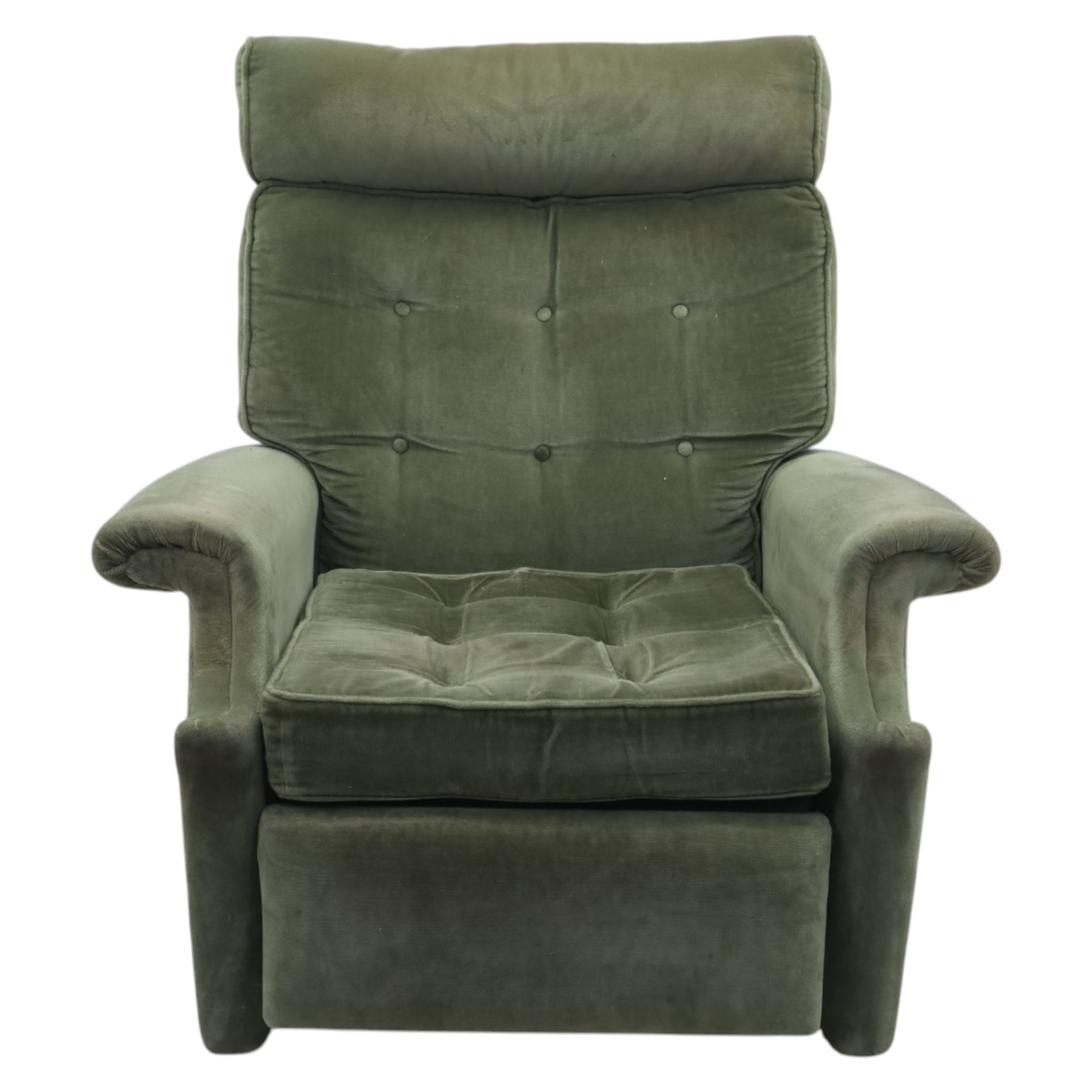 Parker Knoll - mid 20th century reclining armchair, upholstered in green velvet button fabric