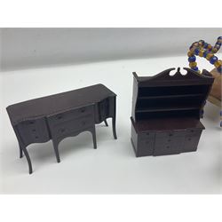 Quantity of early 20th century doll's house furniture comprising Victorian style beadwork and upholstered eight-piece salon suite; beadwork dining table with four matching chairs; and Kleeware brown plastic seven-piece dining suite