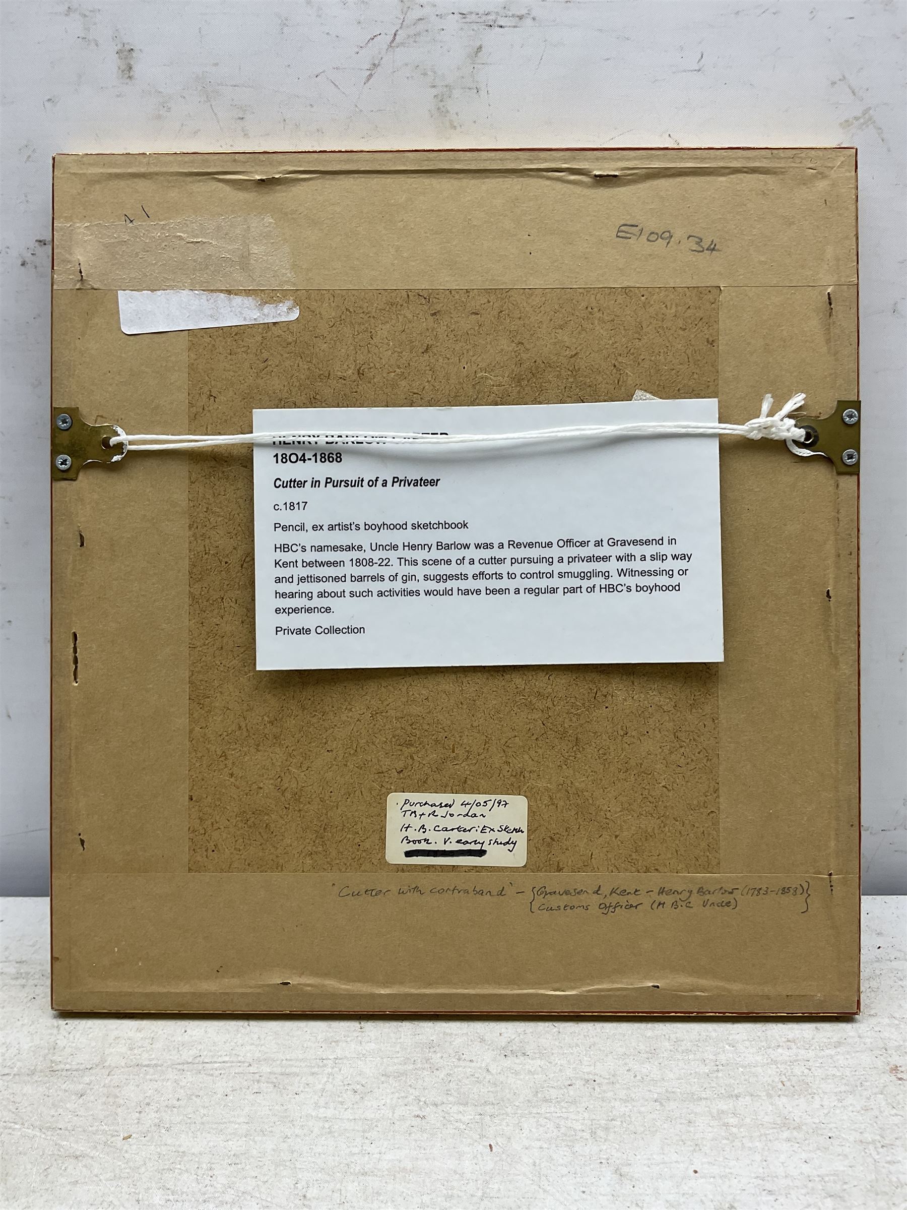 Henry Barlow Carter (British 1804-1868): 'Cutter in Pursuit of a Privateer', pencil c.1817, 16cm x 15cm 
Provenance: with T B & R Jordan Fine Art Specialists, Stockton on Tees; an early drawing from the artist's boyhood sketchbook