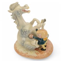 Three Royal Doulton Thelwell figures comprising Body Brush NT7, Ice Cream Treat NT9 and He'll Find You NT12, together with Beswick Thelwell figure and one other 