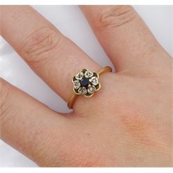 9ct gold sapphire and illusion set diamond cluster ring, hallmarked
