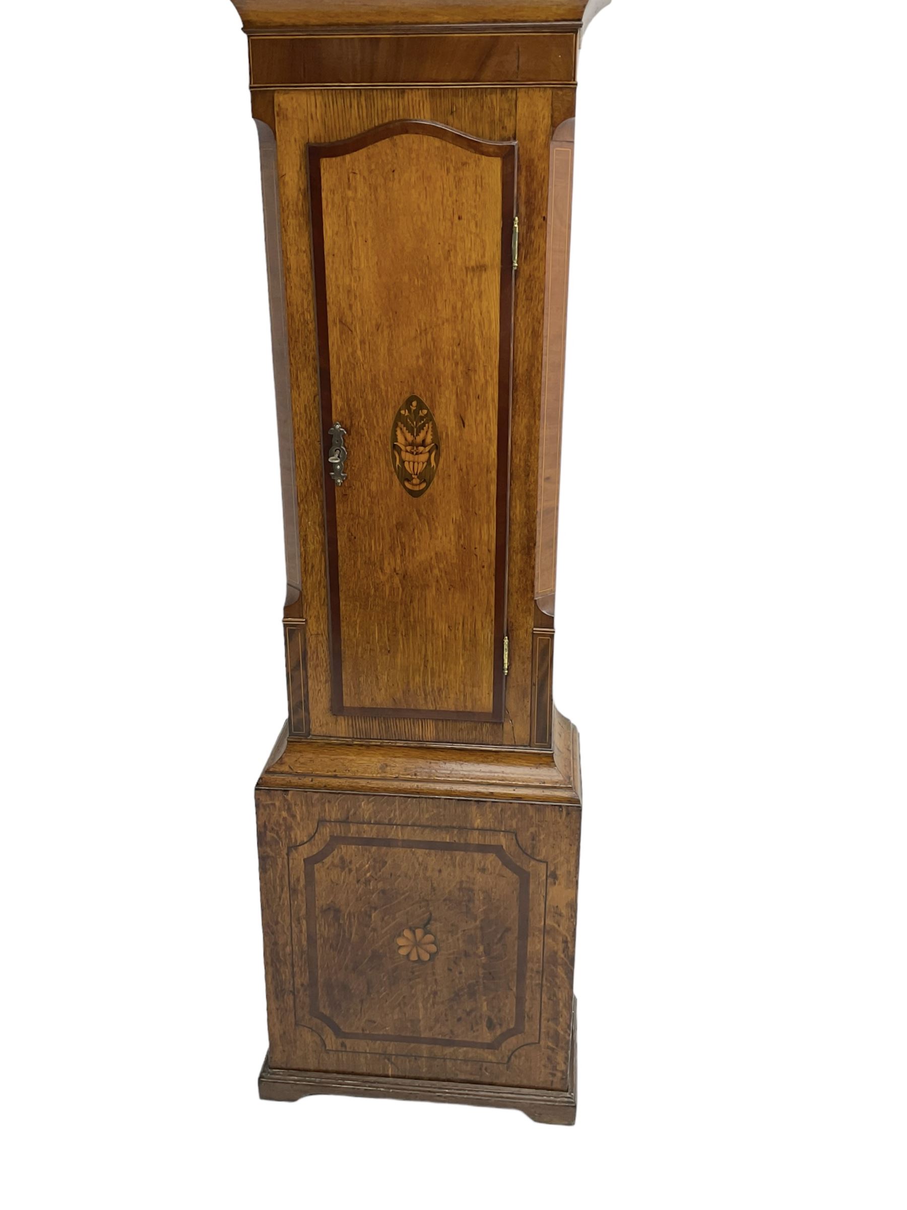 Tobias Fletcher of Barnsley -  late 18th century oak cased 30hr longcase clock with a swans neck pediment, brass paterie and finial, break arch dial flanked by reeded pilasters, trunk with a wavy topped door with inlay and crossbanding, conforming square plinth on decorative base, painted dial with flowers to the break arch and spandrels, Roman numerals, minute track, five minute Arabic's and matching steel hands, chain driven count wheel movement, with weight and pendulum.