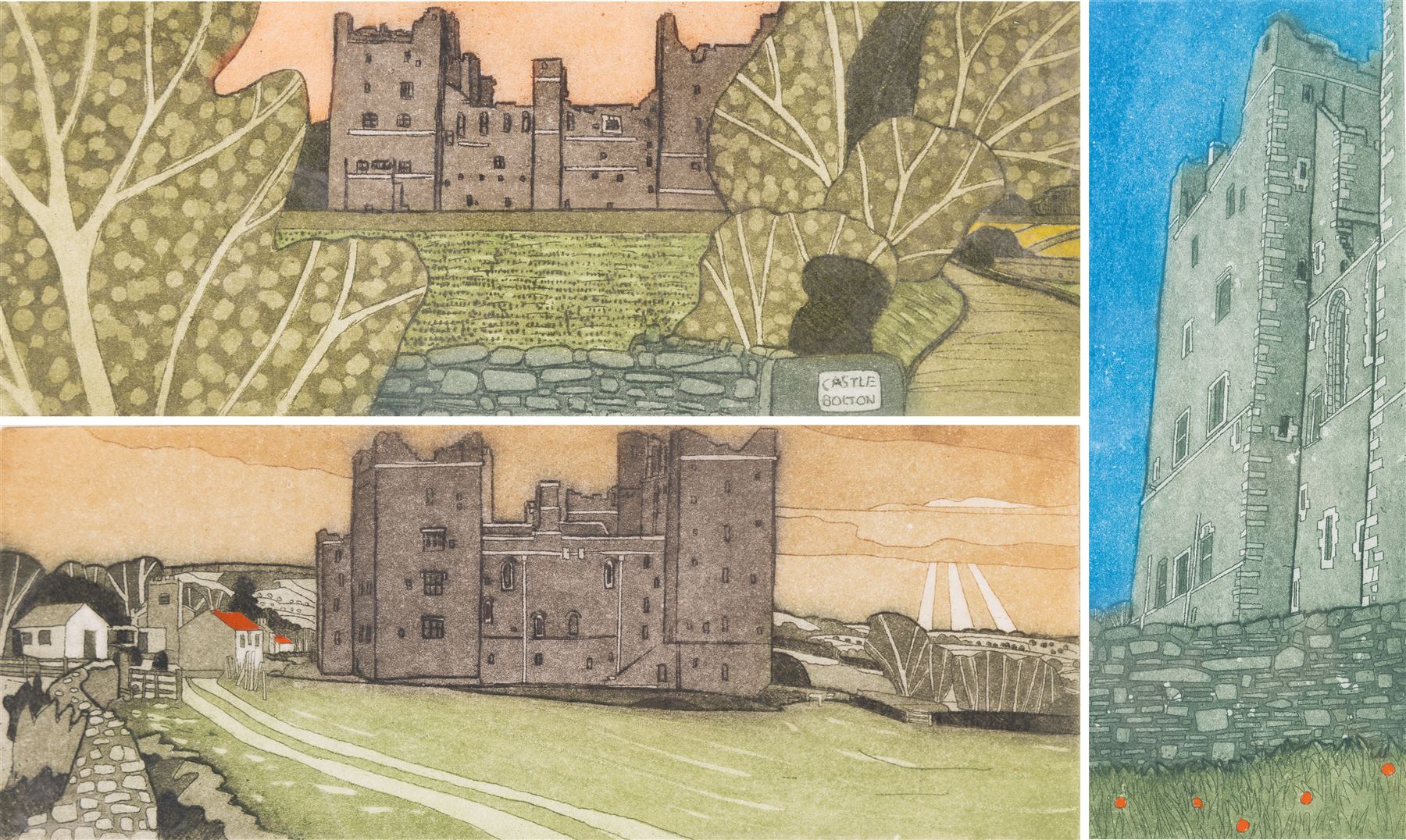John Brunsdon ARCA (British 1933-2014): Views of Bolton Castle - Wensleydale, set three limited edition coloured etchings with aquatint signed titled and numbered in pencil 29cm x 11cm (3) (2 unframed)