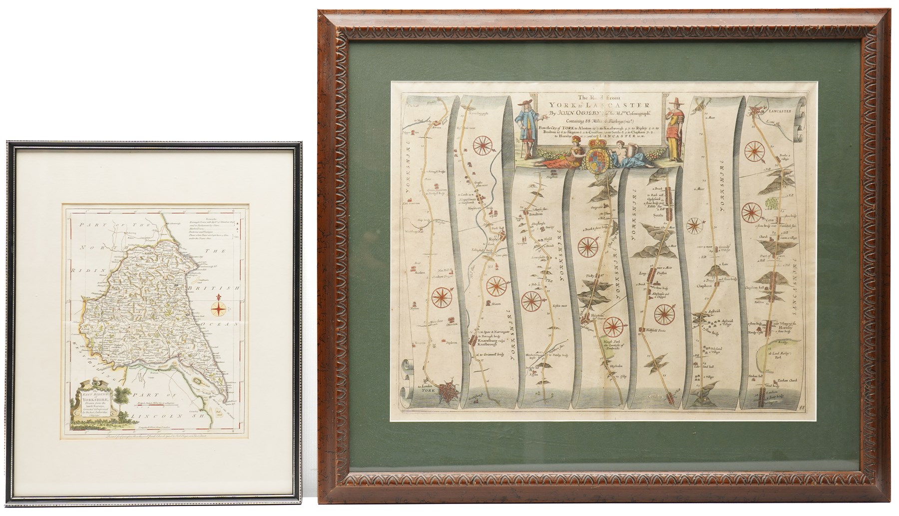 After John Ogilby (British 1600-1676): The Road from York to Lancaster, hand coloured engraving 35.5cm x 45.5cm; After John Ellis (British 18th century): The East Riding of Yorkshire, hand coloured engraving 24.5cm x 19.5cm (2)
Notes: Ogilby's map was first published in his road atlas 'Britannia' in 1675. Ellis' map was first published in 1766.