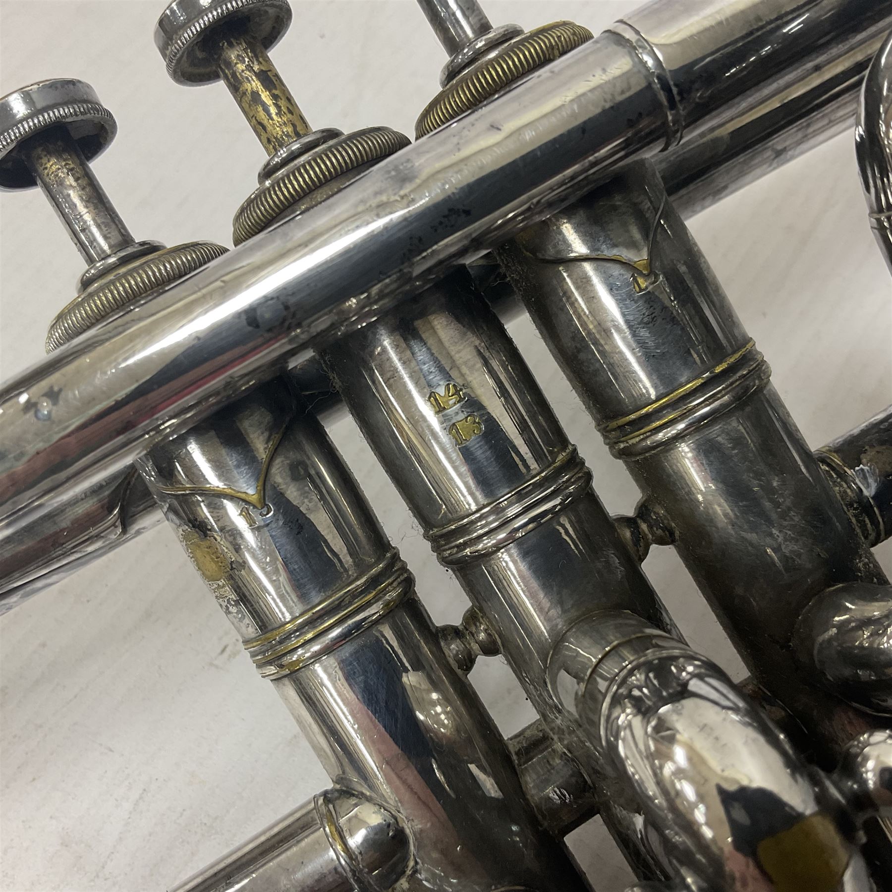 Victorian Class A silver plated trumpet retailed by Kitchen & Co,29 Queen Victoria Street Leeds, 1897 with mouthpiece/slide and in its original felt lined box
