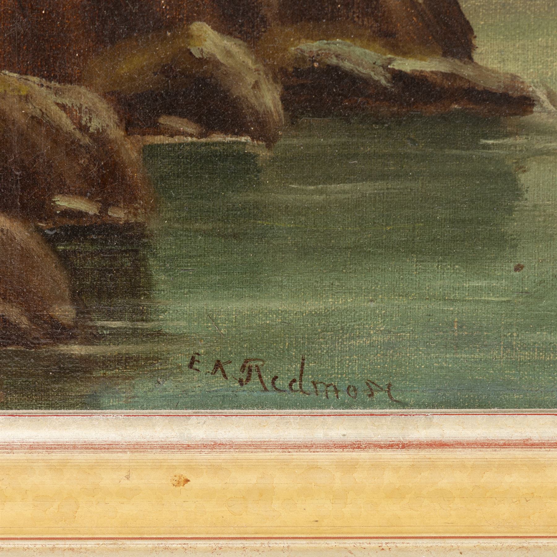 Edward King Redmore (British 1860-1941): Boats Sailing off a Rocky Coast, oil on canvas signed 37cm x 47cm