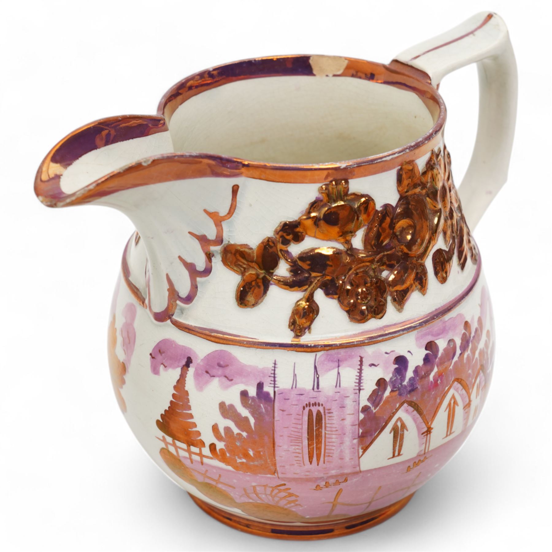 Victorian lustre and Prattware, including a pearlware Bacchus jug and hidden frog cup in the form of a Satyr, together with three other jugs, tallest H12.5cm (6)