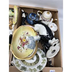 Large quantity of Victorian and later ceramics, to include teapots, Royal Worcester clock, Delft style, animal figures,  Sadler Shooting Scenes novelty teapot, commemorative ware, etc, three boxes