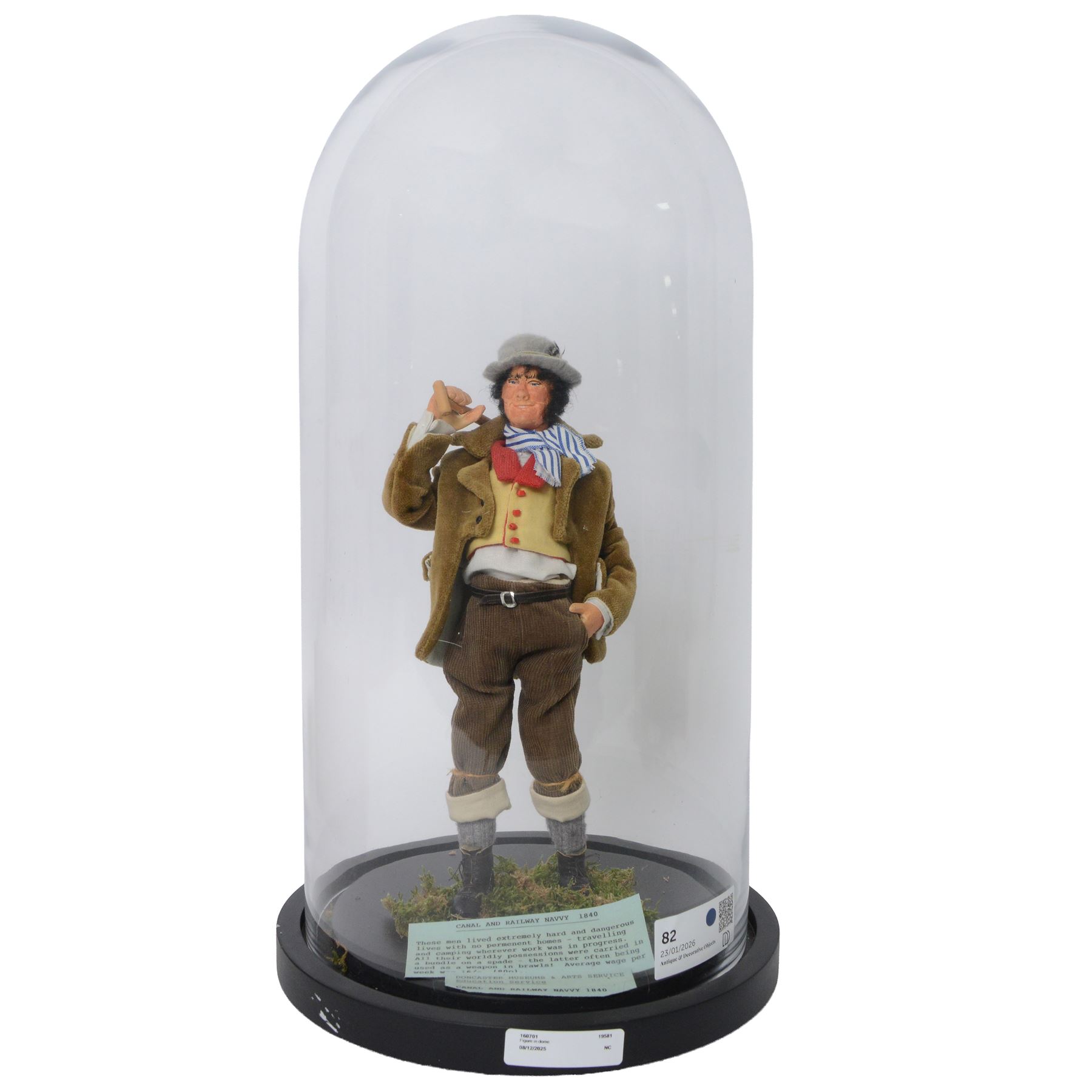 Handmade model of Canal and Railway Navvy, originally part of the Doncaster Museums and Arts Education Service, in a modern glass dome, H52cm