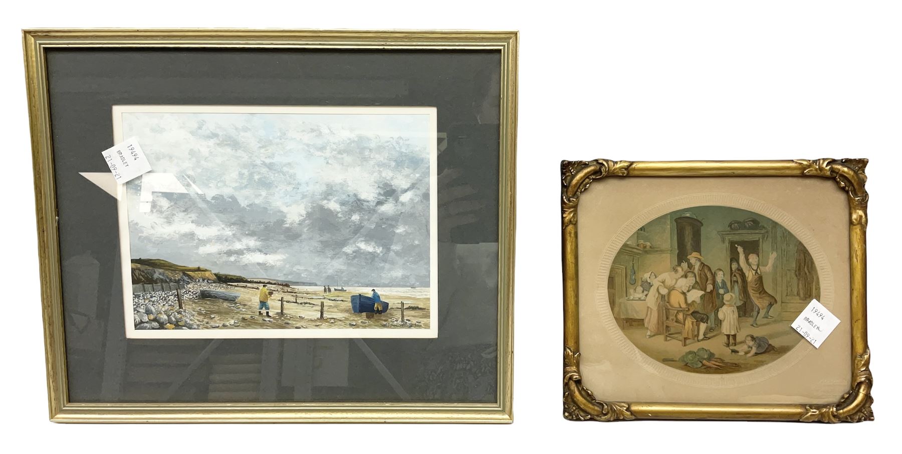 John Bullock (British 20th Century) 'North Yorkshire Beach', Gouache signed title verso, together with 19th Century colour print (2)