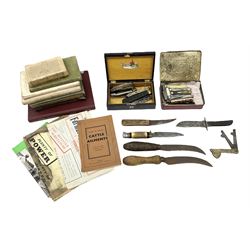 Veterinary fleams and other tools together with various veterinary books, including Hewthorn's Veterinary Guide, Farms and Farming - Vince, Veterinary Practice at Home, etc., and a collection of folding pocket knives, pen knives, hunting knife, etc.