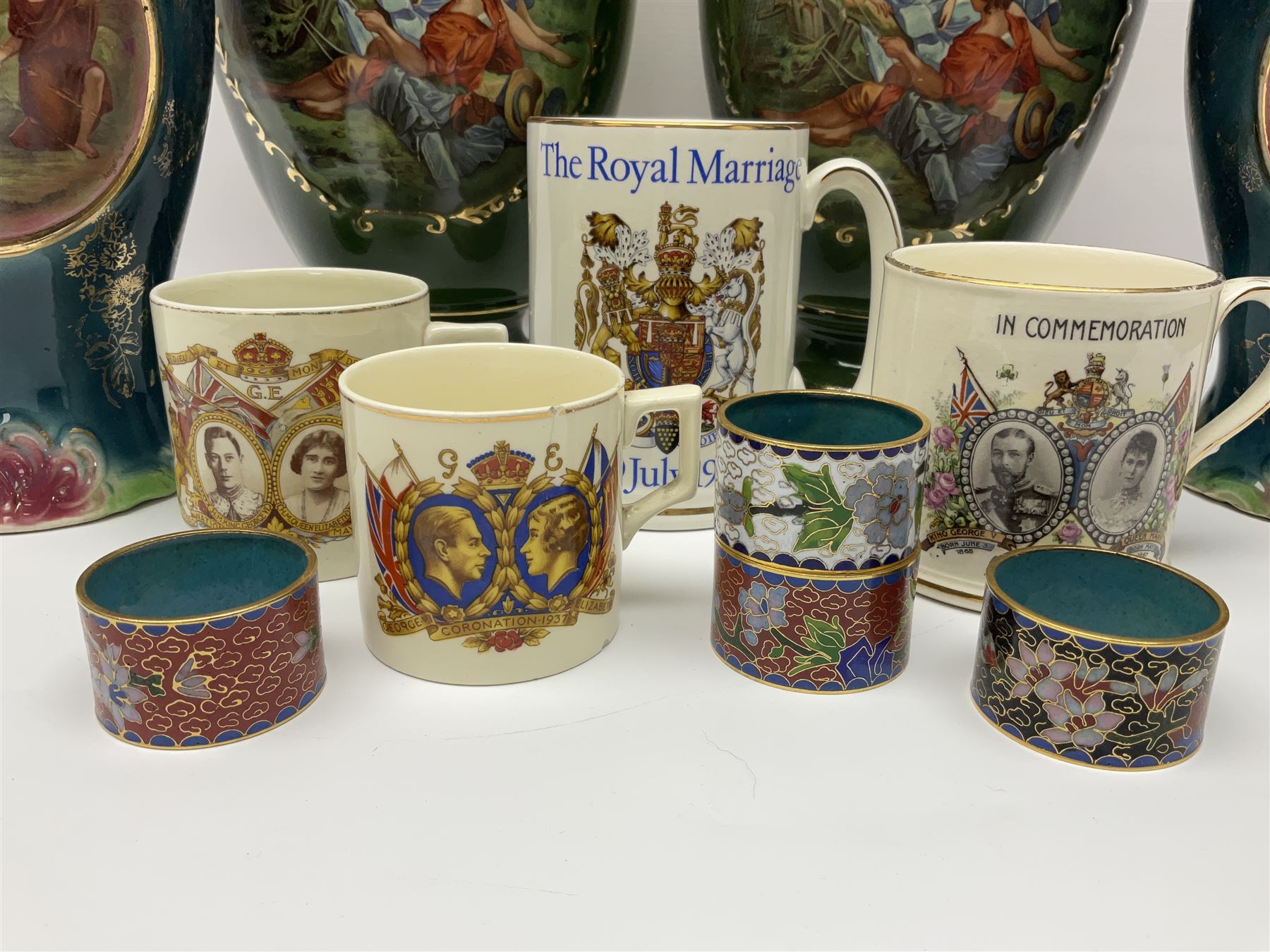 Set of four Chinese cloisonne enamel napkin rings, together with a pair of Strasburg Ware vases, a pair of similar larger continental vases and four Royal commemorative mugs