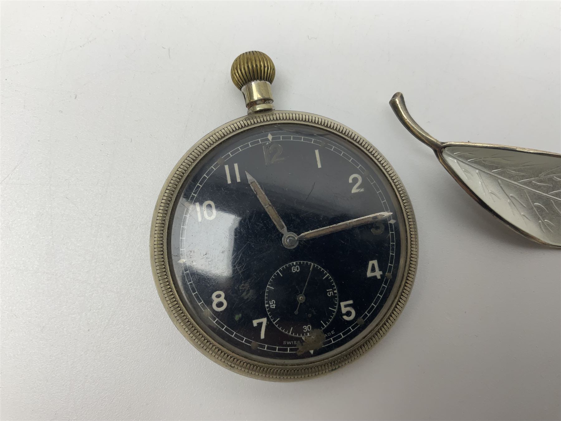 Norweigian silver enamel leaf brooch by David Andersen, together with a military issue pocket watch and a collection of costume jewellery including pair of clip on earrings by Butler & Wilson, beaded jewellery, brooches, etc