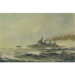  Frank Watson Wood (Scottish 1862-1953): 'HMS Duke of York', watercolour signed and dated 1940, titled and dated 28th February 1940 verso (see below), 17cm x 26cm Notes: the Duke of York was a King George V Class battleship built by John Brown and Co., Clydebank, Scotland launched on the 28th February 1940 and commissioned for the Royal Navy on 4th November 1941  DDS - Artist's resale rights may apply to this lot  