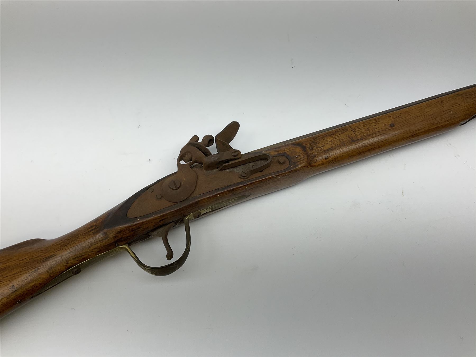 19th century flintlock musket for restoration or display, the mahogany full stock with brass mounts and under barrel ramrod L166.5cm
