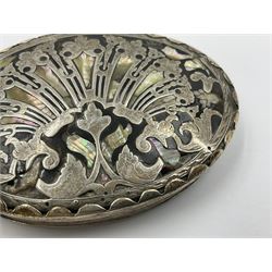 18th century silver plated oval snuff box with tortoiseshell lid inlaid with silver and mother of pearl 