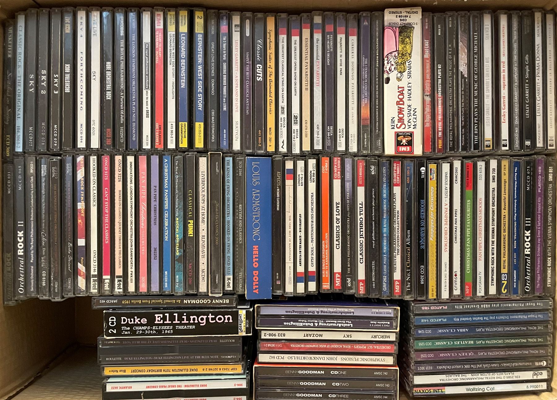 A large collection of mostly Jazz CD's including Glenn Miller, Gene Krupa, Duke Ellington, Stan Kenton, Benny Goodman and other music in four boxes (400+)