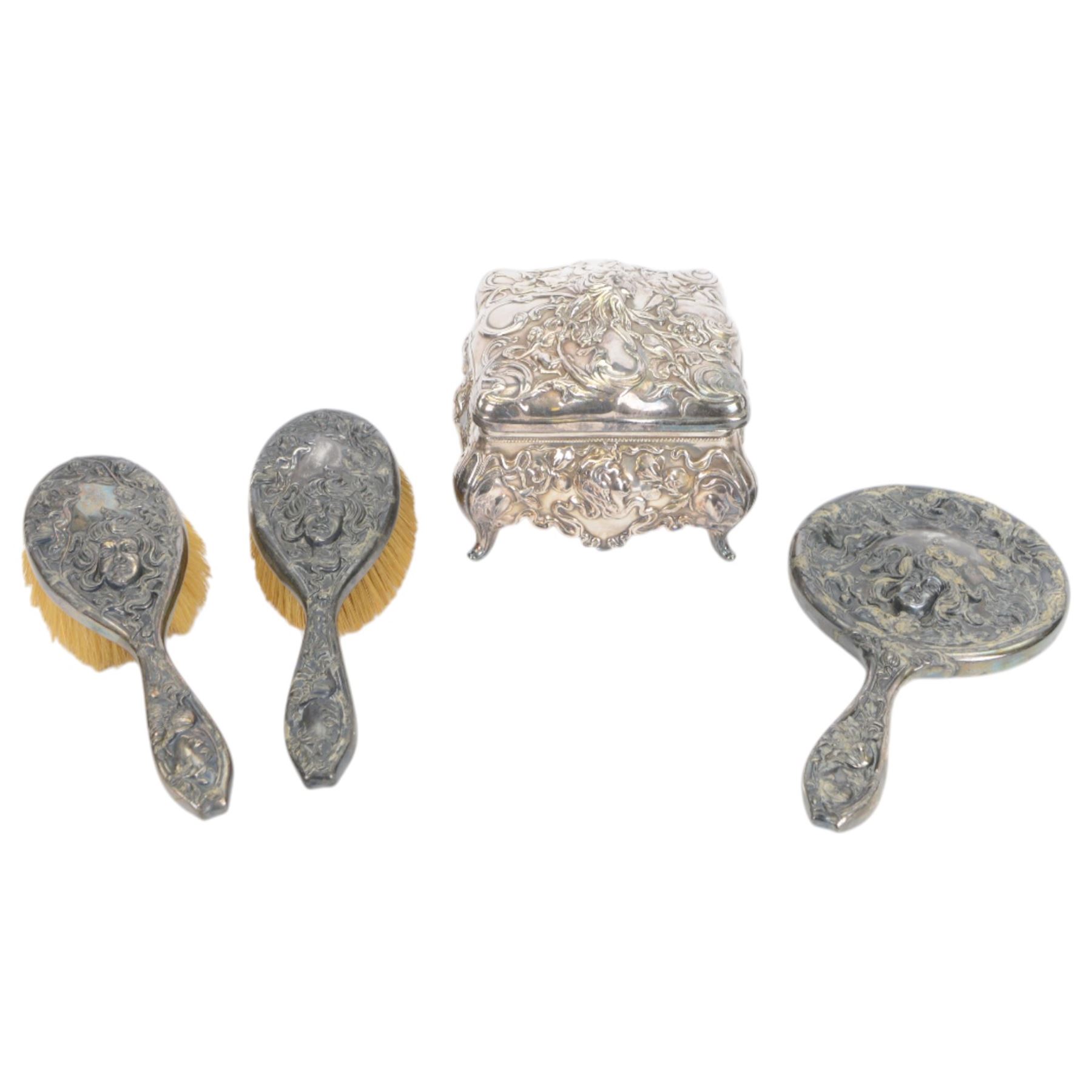 Derby Silver Co, Art Nouveau silver plate dressing table set, comprising mirror and two brushes, together with a silver silver plated box, the box marked B&W to the base, box H13cm