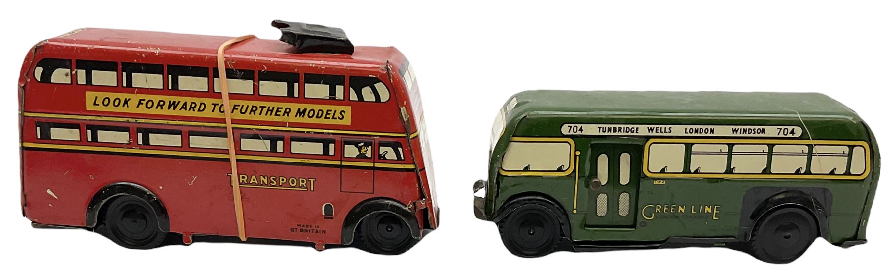 Wells Brimtoy/Pocketoy - seven tin-plate and plastic clockwork or friction-drive  vehicles comprising Milk Tanker, Greenline Coach, Liquid Oxygen Wagon, Side-Tipping Wagon, Snacks Van with drop-down counter, London Trolley Bus and covered wagon; all unboxed (7)