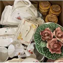 Quantity of assorted ceramics, to include various tea wares, butter dishes and covers, ginger jar and cover, vases, etc., in two boxes 