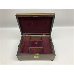 Victorian rosewood sewing box, of rectangular form with twin ring carry handles, brass escutcheon and inlaid brass scrolling decoration to the hinged cover, opening to reveal a lined and fitted interior, upon four compressed bun feet, H11cm W28cm D20.5cm