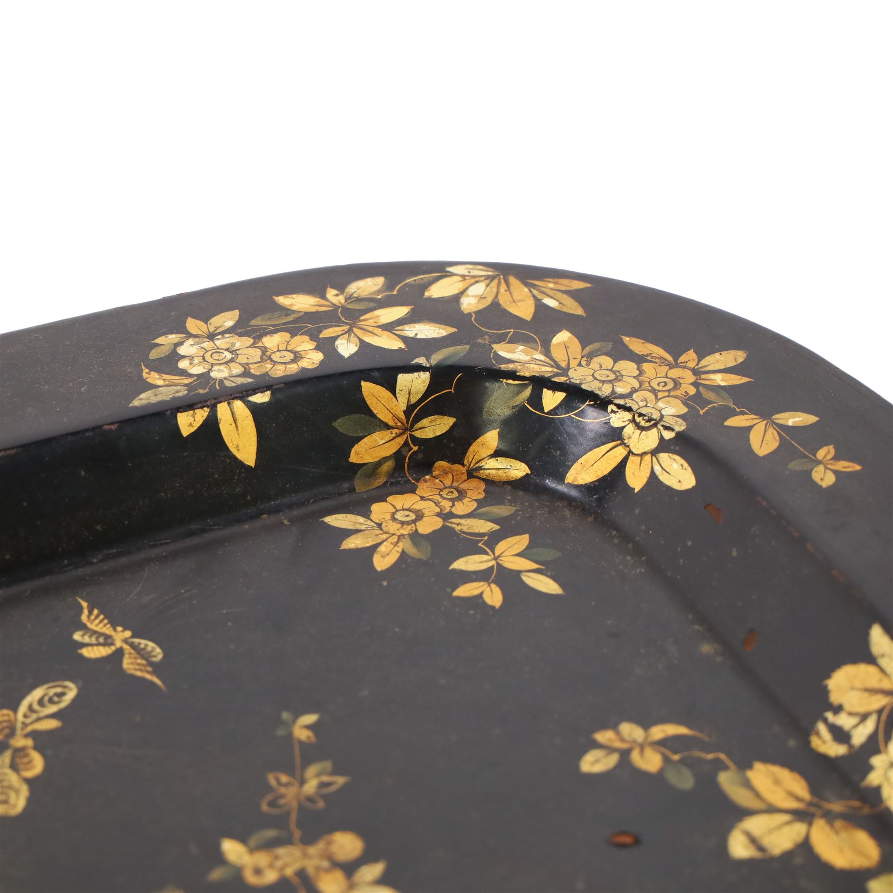 19th Century gilded toleware rectangular tray, decorated with floral sprig and insects, L41cm