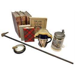 Walking cane with hallmarked silver collar, Royal Doulton Lord Nelson jug, ceramic dish with gilt metal cat chasing mouse rim, German Bierbrauer tankard with pewter lid, books etc