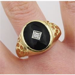 9ct gold black onyx and diamond signet ring, hallmarked