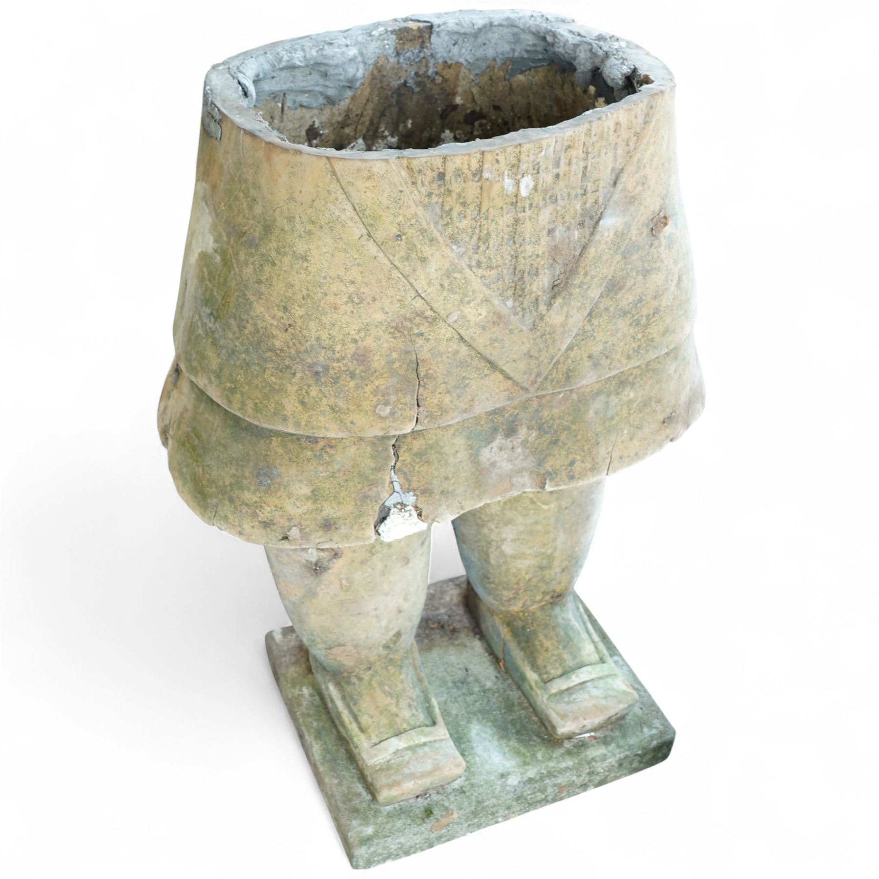 Two near life-size terracotta warrior figures, modelled in the style of the Qin dynasty soldiers, each kneeling with one arm raised, wearing detailed armour and tunics, one example partially damaged and lacking sections