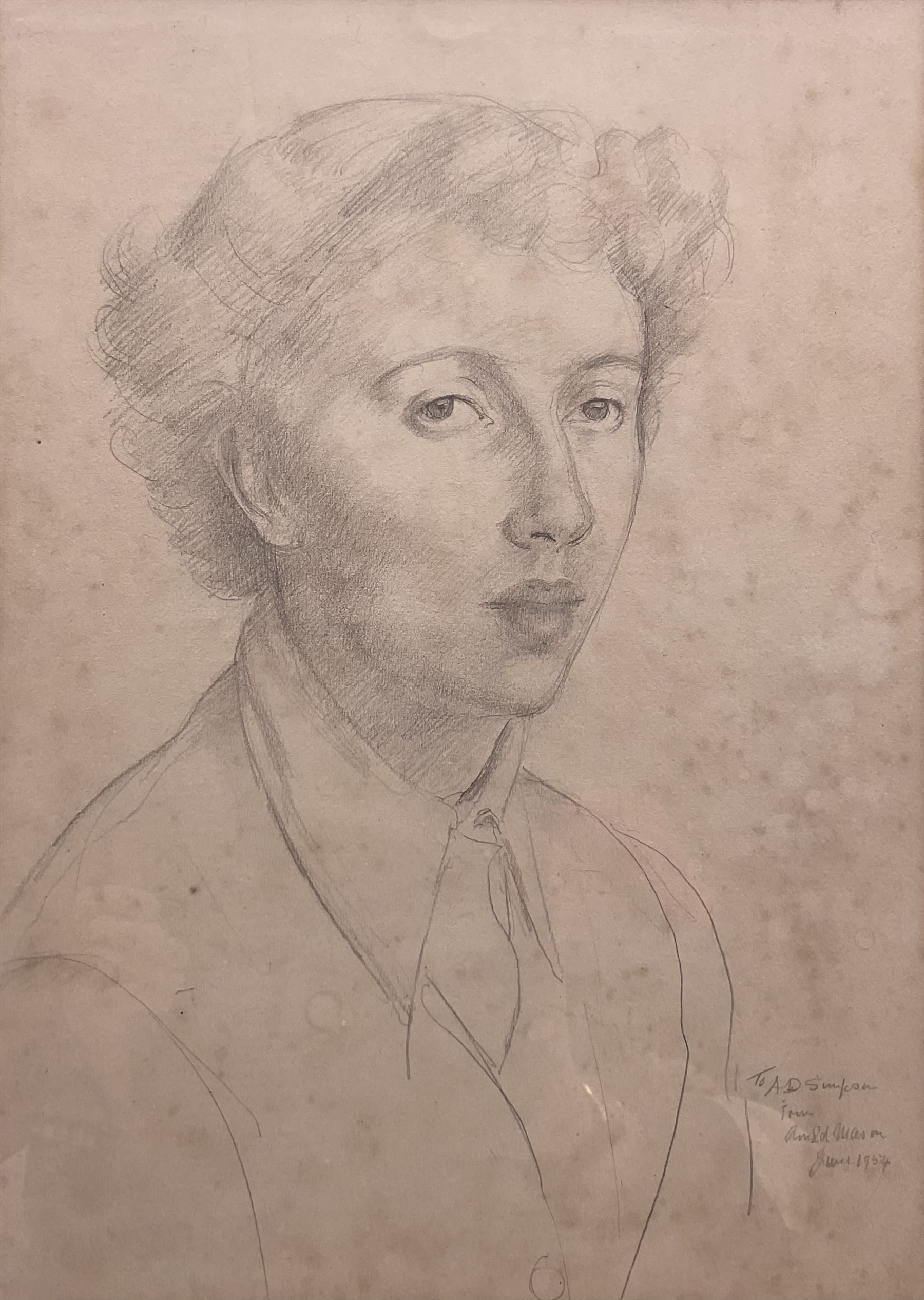 Arnold Henry Mason (British 1885-1963): Portrait Study of a 50's Woman, pencil sketch signed indistinctly dedicated and dated 1954, 35cm x 25cm