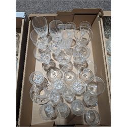 Stuart Crystal drinking glasses, including cut and etched examples, together with a collection of other cut glass and similar, including, decanters, vases, drinking glasses, jugs, etc