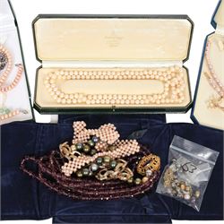 9ct gold pearl jewellery including two strands of pearl necklaces,pair of  stud earrings and a pendant, collection of silver pearl jewellery including earrings, brooch and pendant and a collection of costume jewellery