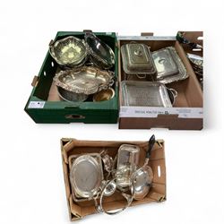 Victorian silver plate chafing dish, together with other silver plate, in three boxes 