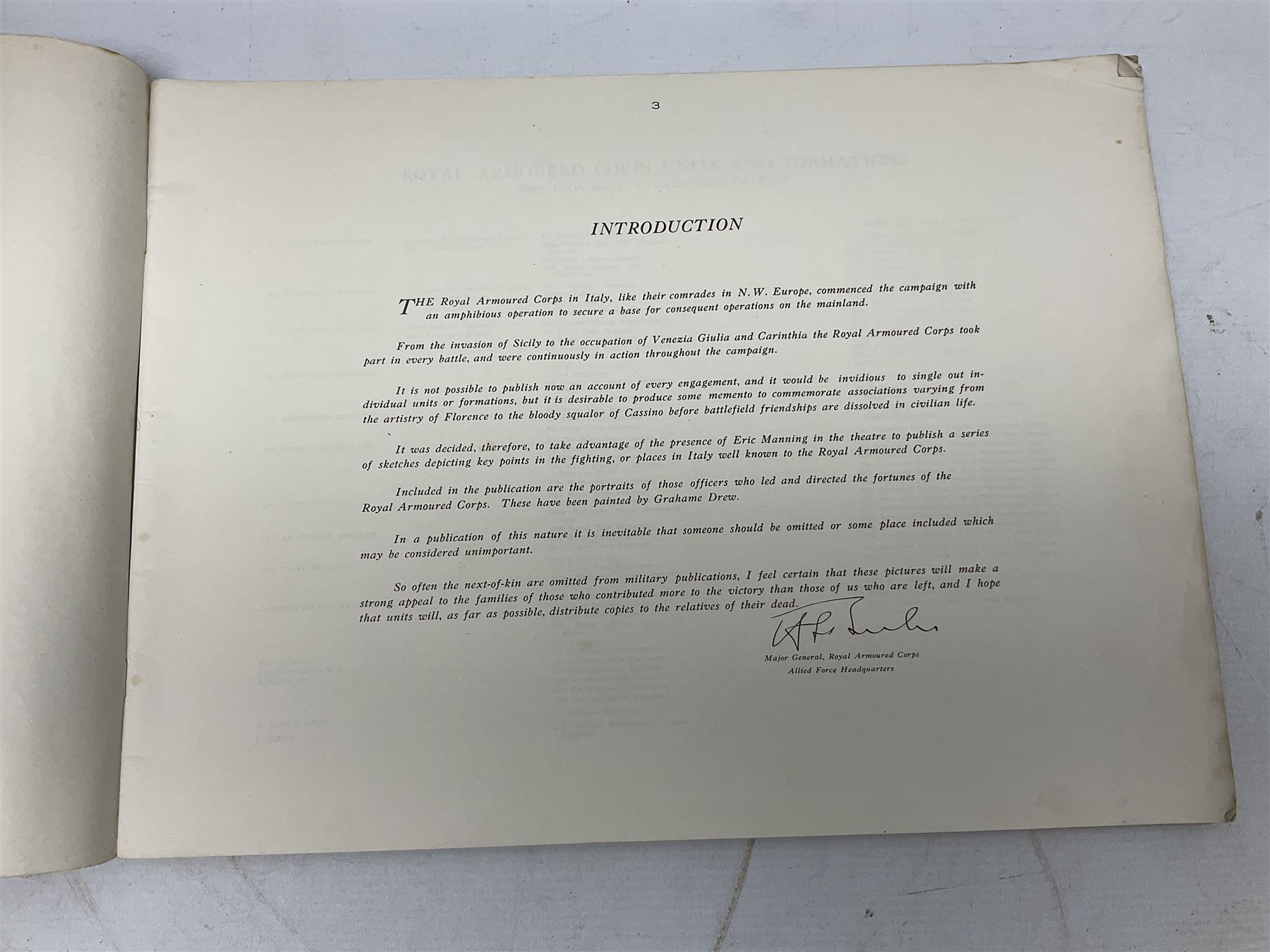 Modern album containing over sixty postcards and photographs including memorial portraits of KIA soldiers, regimental crests, comic, WW1 embroidered silk, uniforms, cap badges, camp and manoeuvre images etc; another personal photograph album of WW2 soldiers relaxing; Royal Armoured Corps booklet 'The Italian Campaign 3rd Sep. 1943 - 2nd May 1945; and other paper ephemera of military interest