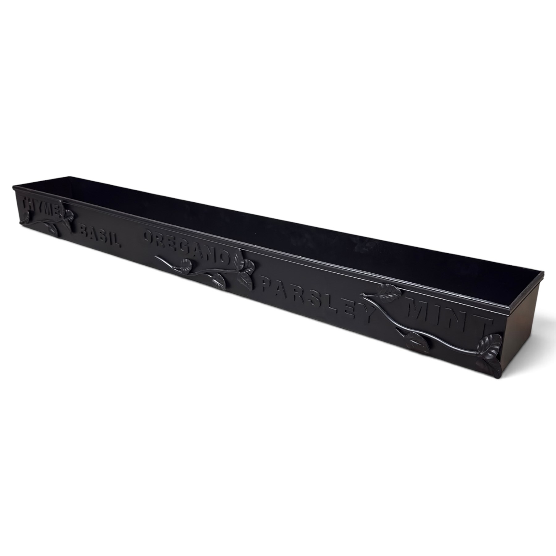 Black-painted iron herb planter, the long rectangular body embossed ‘Thyme, Basil, Oregano, Parsley, Mint’ with applied foliate decoration, containing five removable handled liners
