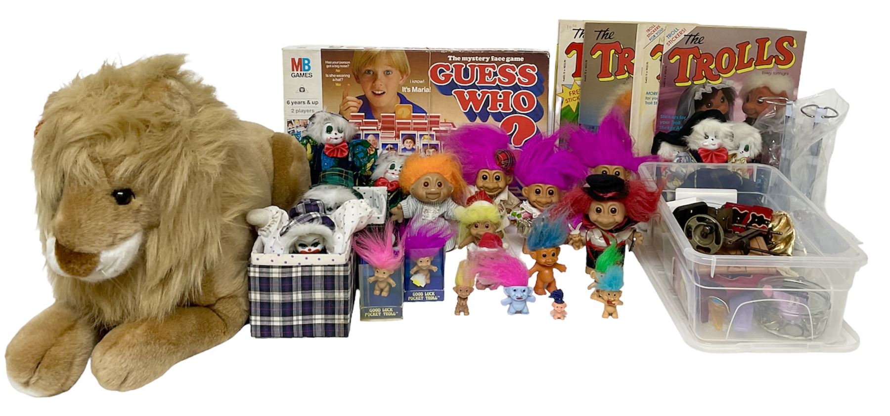 Collection of various toys to include Troll dolls, Guess Who, stuffed toy lion, Shark Chase, Shark Alert, Thomas and Friends Ready bed, and costume jewellery etc