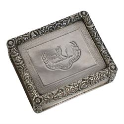Rare Victorian silver provincial snuff box, of rounded rectangular form, the hinged cover with central engraved crest above motto 