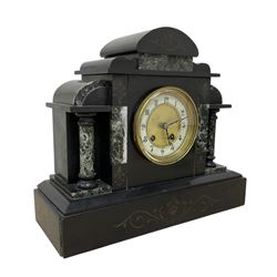 French-  late 19th century 8-day Belgium slate mantle clock c1890, break front case with contrasting variegated marble panels and recessed columns, on a deep stepped plinth with carved incised decoration to the front, dial with an ivorine chapter, Arabic numerals, steel hands and a recessed gilt centre, twin train rack striking movement, striking the hours and half hours on a coiled gong. With pendulum.  