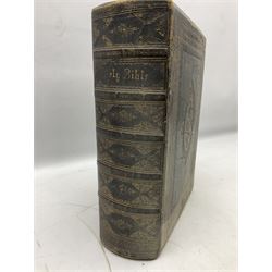 Victorian The Family Devotional Bible, by Rev Matthew Henry, pub. London and New York, The London Printing & Publishing Co, circa 1860, with steel engraving plates and gilt edges, L35cm