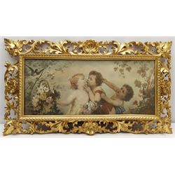 FRAMES - Ornate 19th century Florentine carved giltwood frame, shell pediments surrounded by scrolling acanthus leaves, containing a French lithograph, aperture 29cm x 68cm